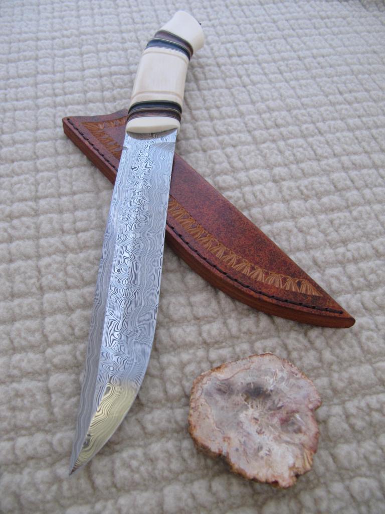 170mm damasteel special blade walrus and mammoth tusk desert ironwood grenadill scrimshaw carvings1
