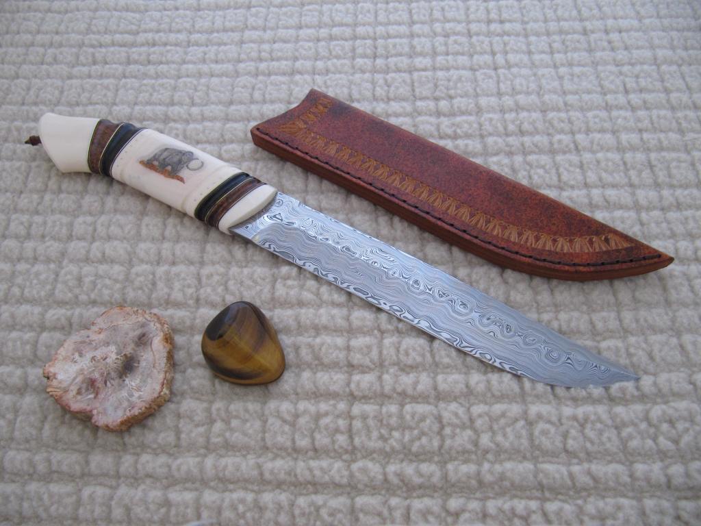 170mm damasteel special blade walrus and mammoth tusk desert ironwood grenadill scrimshaw carvings2