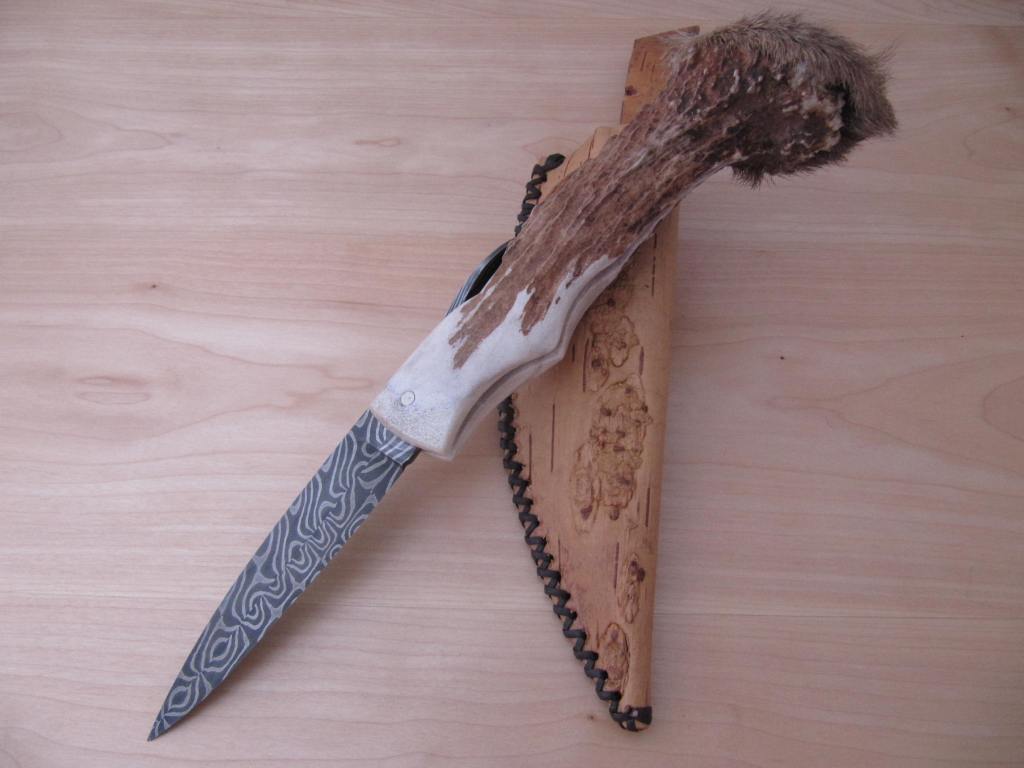 George Ezell damast medieval folding knife moose antler birch bark sheath engraving2