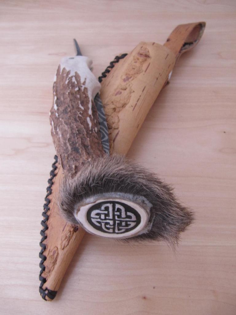 George Ezell damast medieval folding knife moose antler birch bark sheath engraving3